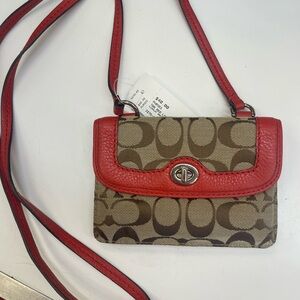 Coach Tan Signature Crossbody with Red Trim